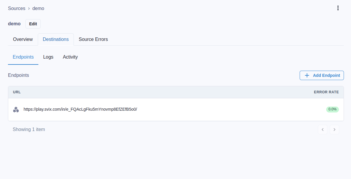 screenshot of the Ingest Dashboard showing the Destination/Endpoints tab for a Source named &quot;demo&quot;